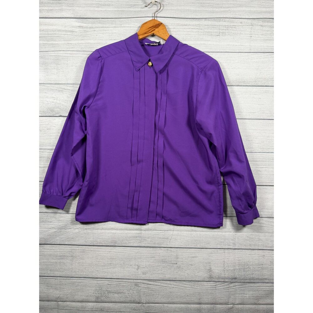 Impressions Purple Pleated Blouse Womens 10 Gold Button 100 Polyester #4447
